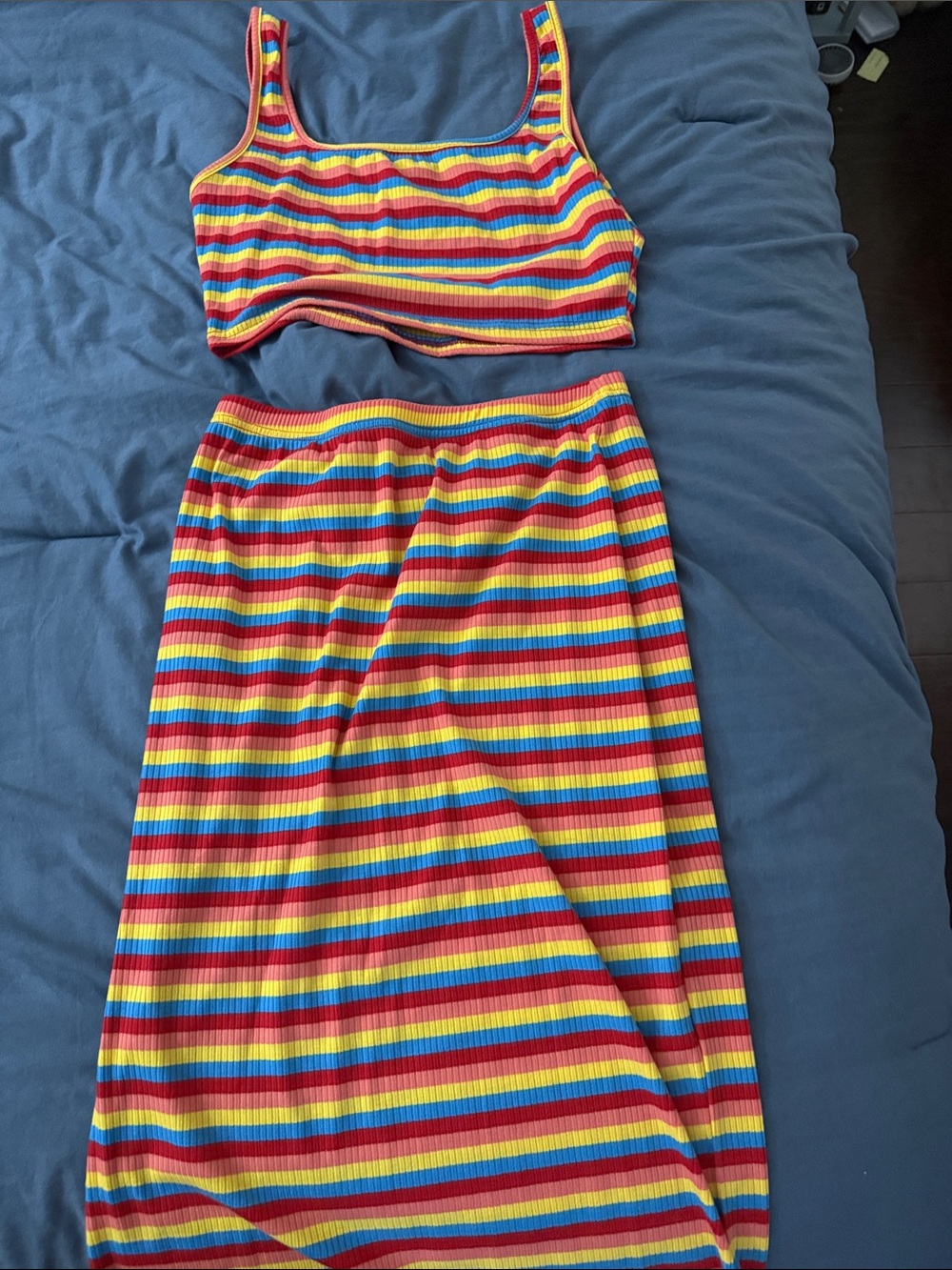 Rainbow Ribbed Two-Piece Crop Top and Skirt Set